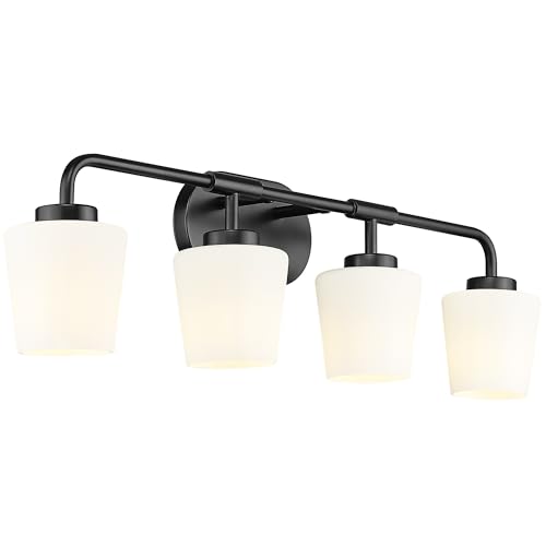 Image of 4-Light Black Bathroom Light Fixtures Over Mirror, White Glass | Vanity Lighting Fixtures with Milk White Glass, Vintage Farmhouse Wall Sconces Lighting, AD-22004-4W-BK