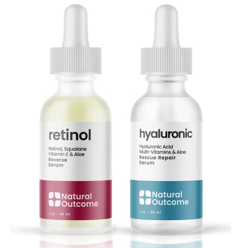 Natural Outcome Hydrating Hyaluronic Acid Serum and Retinol Facial Serum - Night and Day Anti Aging Facial Serum Set 1 oz Each, Vegan, Cruelty Free & Fragrance Free