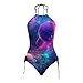 Women's Fashionable Summer Starry Sky Print Sexy Lace Up Detachable Chest Cushion Split Swimsuit Set (Purple, L)