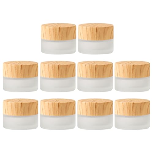 PartyKindom Envases para Cosmética en Vidrio Esmerilado Tapa de Madera Natural, 10 Unidades de 5 G para Cremas Faciales y Maquillaje, Perfectos para Camping y Viajes