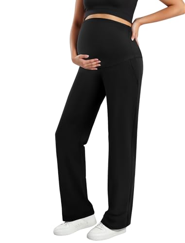 DLOODA Womens Maternity Dress Work Pants, Wide Leg Pregnancy Trousers Over The Belly Stretchy Yoga...