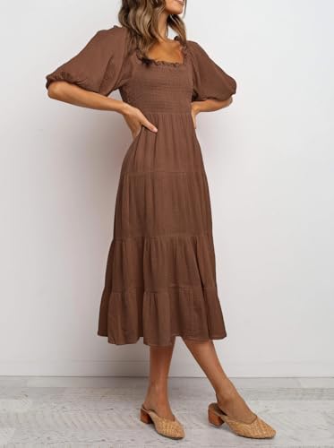 Image of R.Vivimos Women's Summer Cotton Lantern Sleeves Ruffled Off Shoulder A-Line Midi Dresses