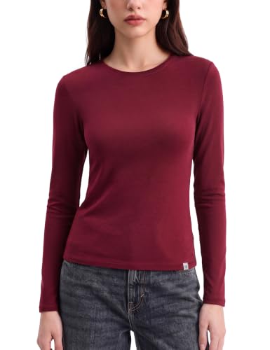 Image of Women's Merino Wool Blend Shirts Long Sleeve Tops Crew Neck Fitted Basic Tee Cozy Embrace Collection