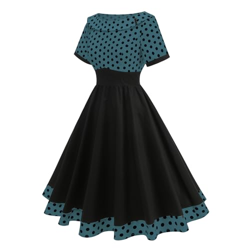 Image of Women's Boat Neck Polka Dot Cocktail Midi Dress Vintage Retro 1950s Style Swing Tea Length Wedding Guest Party Dresses