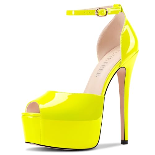 Image of TNYNFBEB Womens Stiletto High Platform Heel Peep Open Toe Sandals Ankle Strap Buckle Prom Party Dress Patent Leather 6.1 Inches Heels