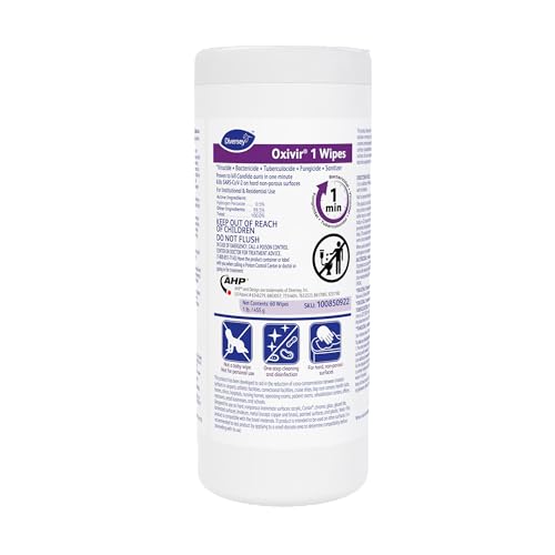 Oxivir Diversey 1 Disinfectant Wipes AHP Hydrogen Peroxide Cleaner Multi-Surface Cleaner for Home & Commercial Use Medium Wipes 60 Count Slim Canister