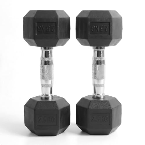 Hex Dumbbells Pair (2.5kg–30kg) | Rubber-Encased Cast Iron Hand Weights Anti-Roll Hex Design Strength Training & Home Gym Fitness Equipment for Men & Women (Black, 2.5KG Pair)