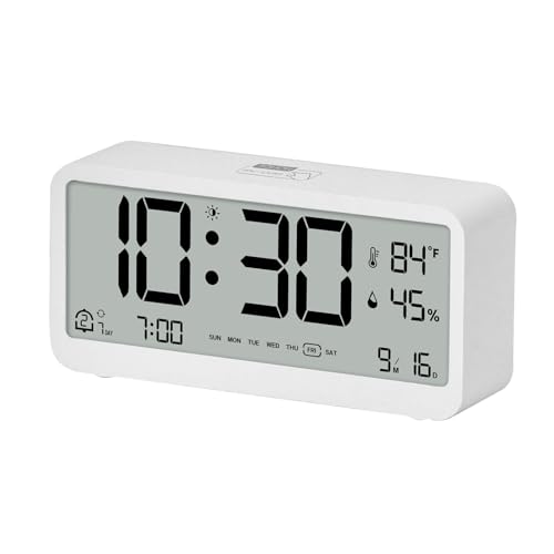 Reloj despertador digital blanco con higrómetro y formato de 12/24 horas 2