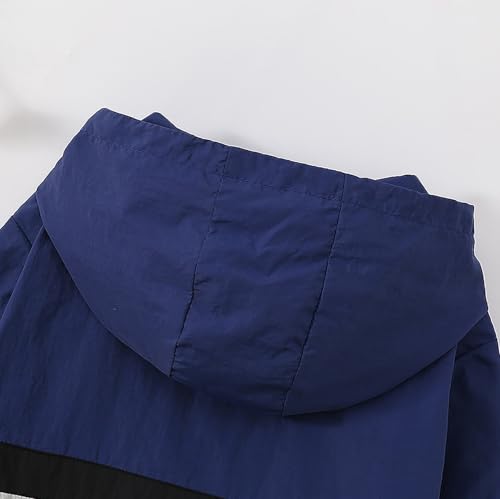 Hooded Rain Jacket for Boys 𝗖olor Block Windproof Casual Zip Outerwear Loose Lightweight Coat with Pocket3