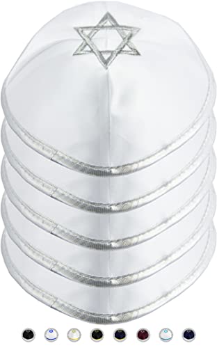 HolYudaica Pack of 5-Pcs Hq 20cm Satin Kippah with Silver/Gold String+Star of David for Men & Boys, Yamaka Hat from Israel, Kippot Bulk (White Silver)