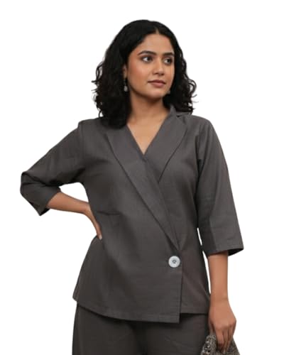 Image of Oversized Linen Angrakhaa Style Coat for Women, Olive Green
