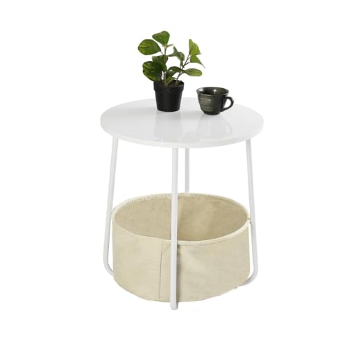 FurnitureR Mesa auxiliar redonda de 45 x 50 cm, de alto brillo, moderna mesa de centro con cesta de almacenamiento de tela, espacio para salón y dormitorio, color blanco/beige, sin tambalearse y fácil