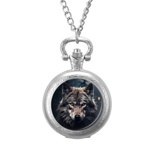 Night Scene with Wolf Stormy Sky Vintage Pocket Watch with Chain Numerals Scale Christmas Graduation Birthday Gifts Valentine's Day Silver-Style