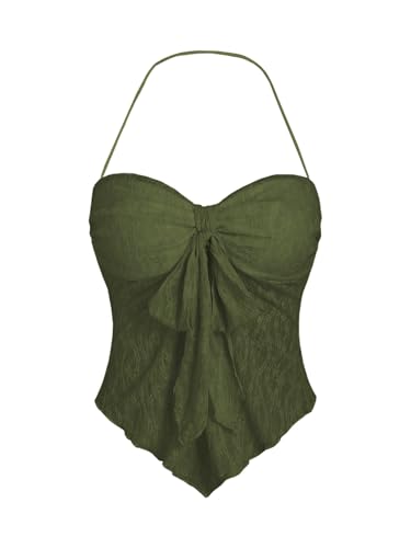 SHENHE Women's Lace Halter Top Bow Knot Front Backless Asymmetrical...