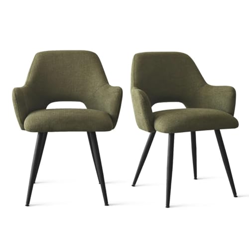 Image of Finch Fox Motel Luxurious Home Collection Upholstery Fabric Arm Dining Room Chairs in Olive Green Color with Black Metal Powder Coated Legs (Set of 2)