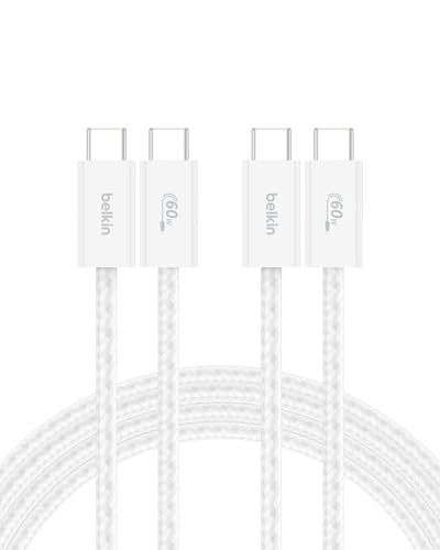 Belkin USB C to USB C Cable 2-Pack 6.6ft 60W - Type C Charger iPhone Charger Cord Soft Braided Flexible for iPhone 17 Galaxy S25 Pixel 10 Airpods iPad Pro & More Travel Essentials - White