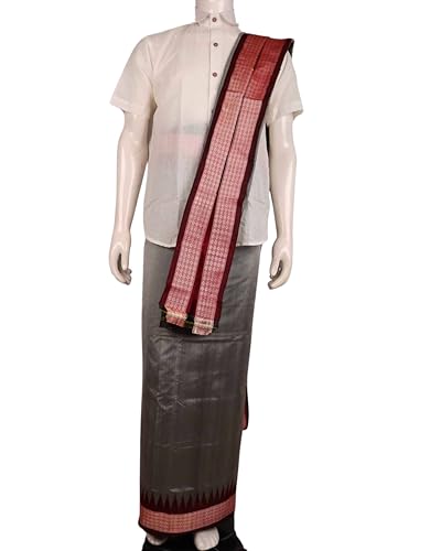 Image of Authentic Sambalpuri Handloom Cotton Unstitched Dhoti with Utari for Men | Traditional Odisha Weave Ikat Dhoti for Festive & Religious Wear
