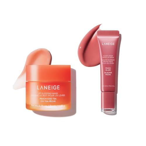 Image of LANEIGE Peach Lip Duo: Hydrating Overnight Lip Mask & Glassy, Nourishing Lip Tint in Peach Scents