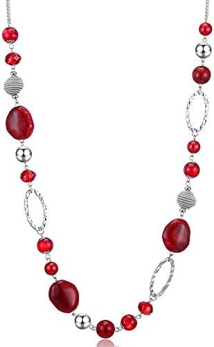BULINLIN Beaded Long Necklace for Women Silver Sweater Chain Necklace with Crystal Resin Beads, Fashion Jewelry for Girls(Red)