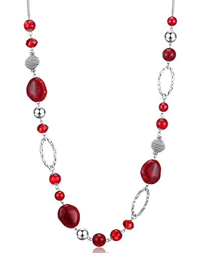 Bulinlin Beaded Long Necklace For Women Silver Sweater Chain Necklace With Crystal Resin Beads, Fashion Jewelry For Girls(Red) #TOP5