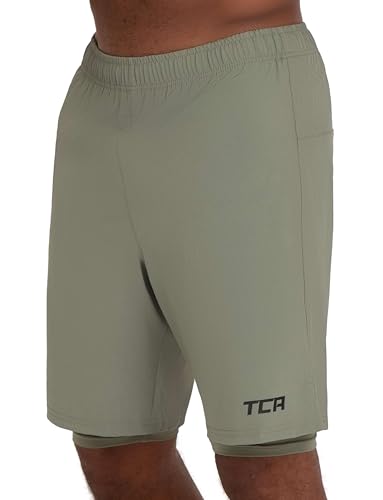 TCA Pantalon Corto Hombre Deporte con Bolsillos y Mallas   Pantalones Cortos Deporte Hombre para Running Gym Padel   Hombre 2 en 1 con Mallas Cortas y Bolsillos con Cremallera   Verde/Verde, M
