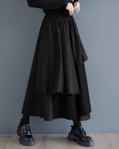 ellazhu Women's Skirt Casual High Waist Mid Length Loose Oversize Guaze Solid GZ3353