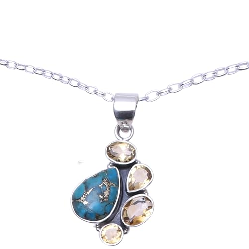 NOVICA Artisan Handmade Citrine Pendant Necklace Composite Turquoise from India Sterling Silver Reconstituted Birthstone Gemstone [18 in L 2 mm W Pendant(s) 1.4 in L x 0.7 in W x 0.3 in D] ' Golden
