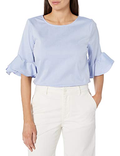 Calvin Klein Women's Crew Neck Ruffle Sleeve Blouse, Chambray Blue, Large