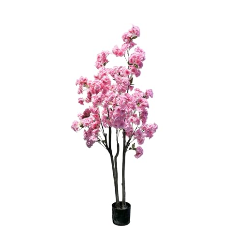 Garveehome Pink Cherry Blossom Tree, 5ft Tall Decorative Artificial Cherry Blossom Tree in Plastic Pot for Indoor Outdoor Home Office Party Wedding Housewarming Gift (Double Pole)