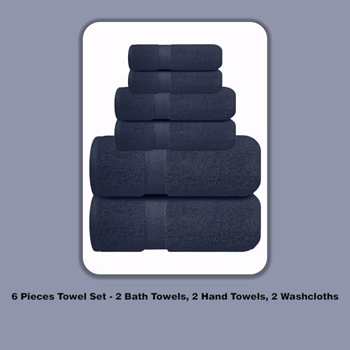 Image of Sulfar 100% Combed Cotton, 6 Pcs Towel Set - 2 Bath Towels (70 x 140 cm), 2 Hand Towels (40 x 70 cm) and 2 Washcloths (30 x 30 cm) (600 GSM, Pack of 6) Navy