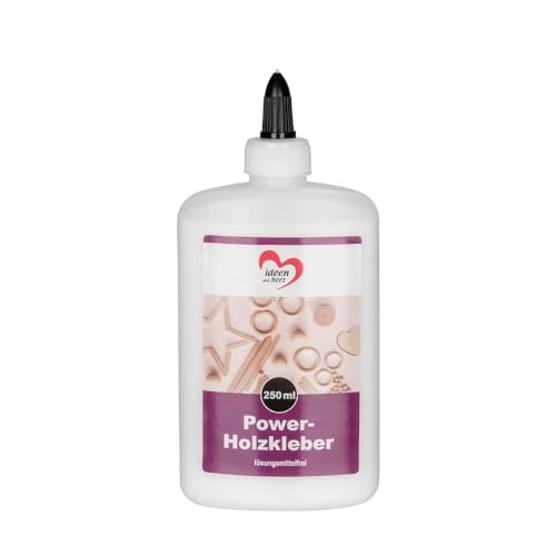 Ideen mit Herz Power-Holzkleber | 250 ml | für alle Holzarten und Karton | schleif- und lackierbar, verläuft nicht | trocknet transparent auf | lösungsmittelfrei