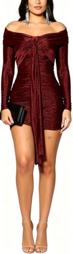 Image of Women's Casual Round Neck Long Sleeve Night Club Party Sexy Sparkly Bodycon Wrap Mini Dress