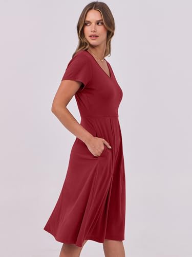 Image of ANRABESS Women Summer Dress Casual Short Sleeve V Neck A-Line Knee Length Pleated Flowy 2026 Fashion Midi Dresses with Pocket