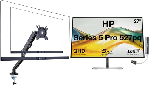 Image of HP Series 5 Pro 527pq 27 inch QHD IPS Monitor with 5ms Response Time, Anti Glare, Flicker Free, VESA Mount (100mm), Displayport, HDMI, Silver /Black (9D9S0UT#ABA) w /DKZ Hub & ErgoFlexy Single Mount Arm