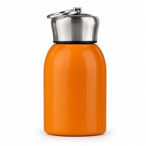 Image of Mini Stainless Steel Vacuum Insulated Water Bottle, 300ml, Black, Leakproof, Hot and Cold, with Keyring Cap (Orange)
