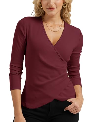 Women’s Deep V Neck Wrap Top, Long Sleeve Ribbed Knit Slim Fitted Cross Wrap Asymmetrical Fall Dressy Blouse WineRed