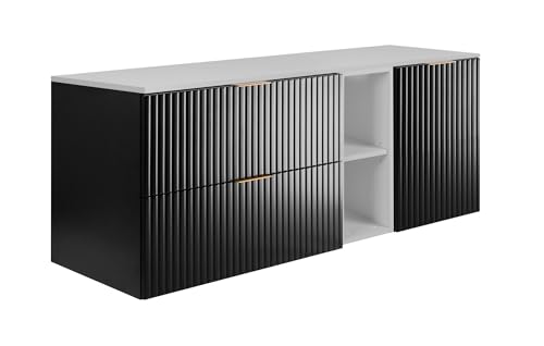 3E 3xE living.com Conjunto de baño: Mueble con cajones, Mueble con Puertas y balda 57×46×140 cm, Blanco/Negro, Tirador Dorado