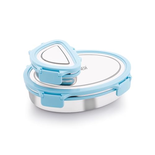 Image of Ganesh Classy Stainless Steel Lunch Box Container with Airtight Lid for Office & School Use /Food Grade /Air Tight /Easy to Carry /Leak Proof (800ml +150ml) Blue