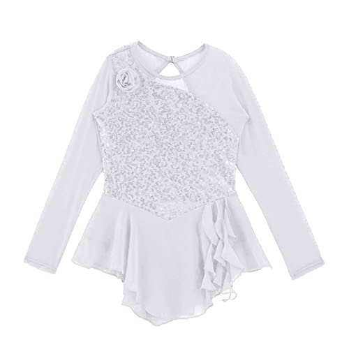Tssoe Kids Girls Mesh Patchwork Shiny Sequins Ballet Dance Leotard Dress Figure Ice Skating Dress White 10 Years #TOP2