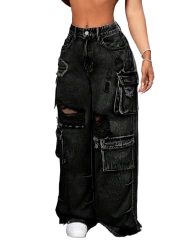 jeans for women trendy Hole Ripped Wide-Leg Casual Denim Jeans With Pockets