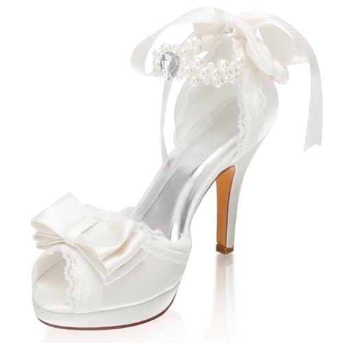 Emily Bridal 521-11 Wedding Shoes Lace Flowers peep Toe Rhinestone Ankle Strap high Heel Bridal Shoes