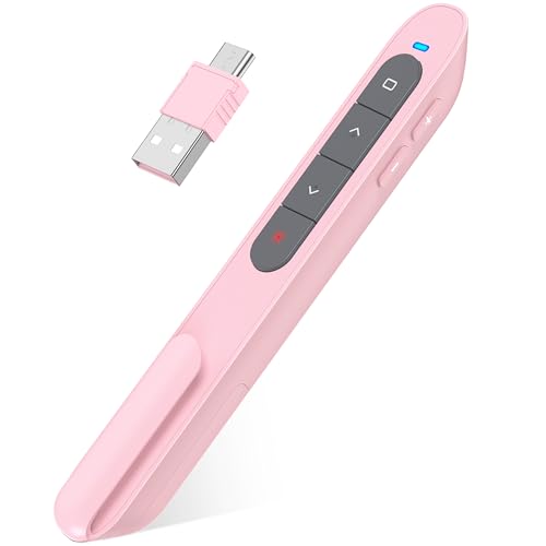 Image of 2-in-1 USB-A & USB-C Presentation Remote - Pink Wireless PowerPoint Clicker with Red Light, Volume Control & Hyperlink - Plug & Play Slide Advancer for Laptop, PC, Mac