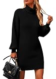 PRETTYGARDEN Sweater Dress for Women Long Puff Sleeve Turtleneck Ribbed Knit Oversized Pullover Winter Short Dress (Black,Medium)