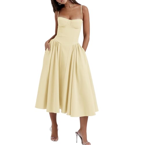Women's Corset Dress Vintage Spaghetti Strap A-Line Midi Elegant Bustier Cocktail Party Evening Tea Dresses Pocket, Yellow, M