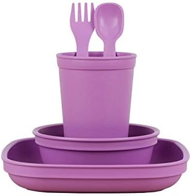 Re-Play Kids Dinnerware Set - 10 oz. Open Cup, 7" Flat Plate, 12 Oz. Bowl, Rounded Tip Fork and Deep Scoop Spoon - Dishwasher/Microwave Safe - Made in USA - Purple