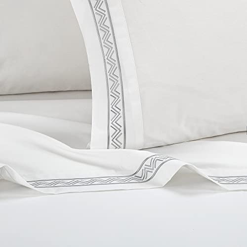Chic Home Arden 4 Piece Organic Cotton Sheet Set Solid White With Dual Stripe Embroidery Zig-Zag Details – Includes 1 Flat, 1 Fitted Sheet, And 2 Pillowcases, Queen, Grey #TOP4