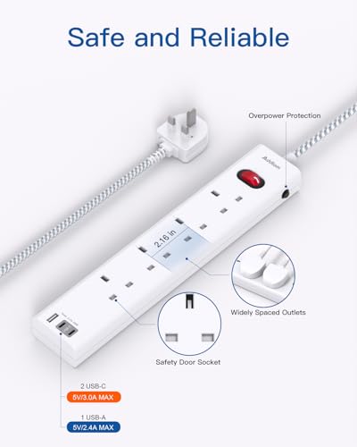 Extension Lead with 3 USB Slots(2 USB C), 4 Way Plug Extension Socket, 1.8M Wall Mount Socket Extension Cable, Multiplug Power Strip for Home, Office, School Supplies - Image 3