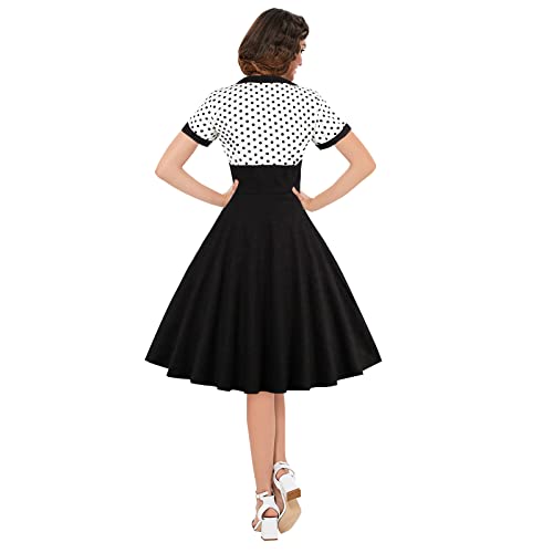 KILLREAL Women's Vintage Style 1950's Retro Short Sleeve Polka Dot Printed Swing Cocktail Dress Black Medium - Thumbnail 2