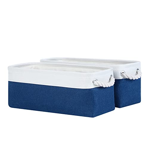 DULLEMELO Toilet Paper Storage Basket, Toilet Paper Basket for Back of Toilet, Bathroom Storage Basket for Cosmetics Towels Toilet Paper, Toilet Tank Basket with Rope Handles for Toilet(White&Blue)