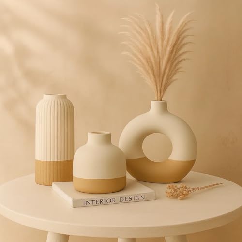 Image of SPHINX Modern Ceramic Vase Set of 3 | Ribbed 6 Inch Vase, Donut 6 Inch & 4 Inch Small Vase | Neutral Cream Sand Design | Home Decor, Table Decor, Flowers, Pampas